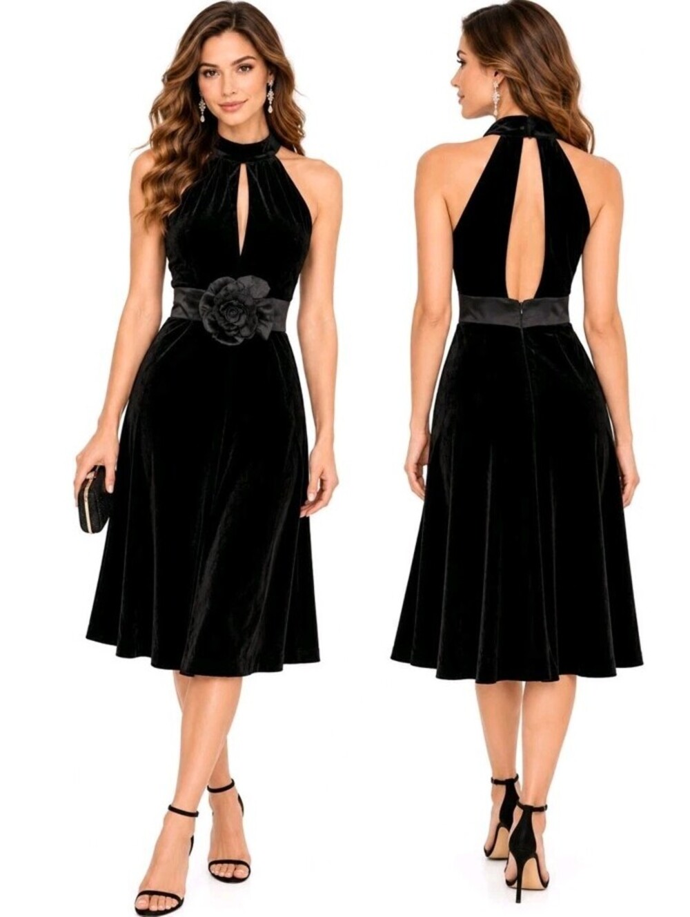 Vivienne Tam  Black Halter Dress Sz 2 Rosette Keyhole Cocktail VTG Y2K #C